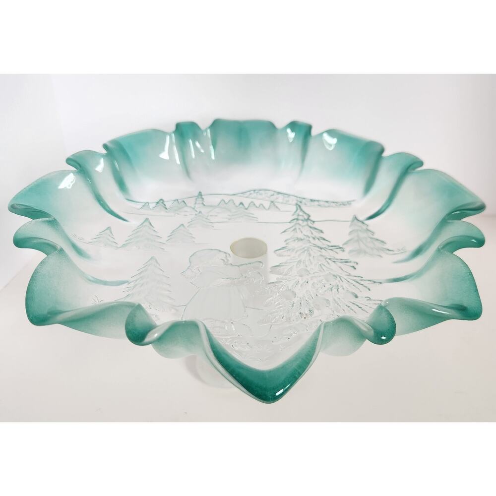 Vintage Frosted Glass Pedestal Compote Bowl Green Ruffled Edge Winter Scene